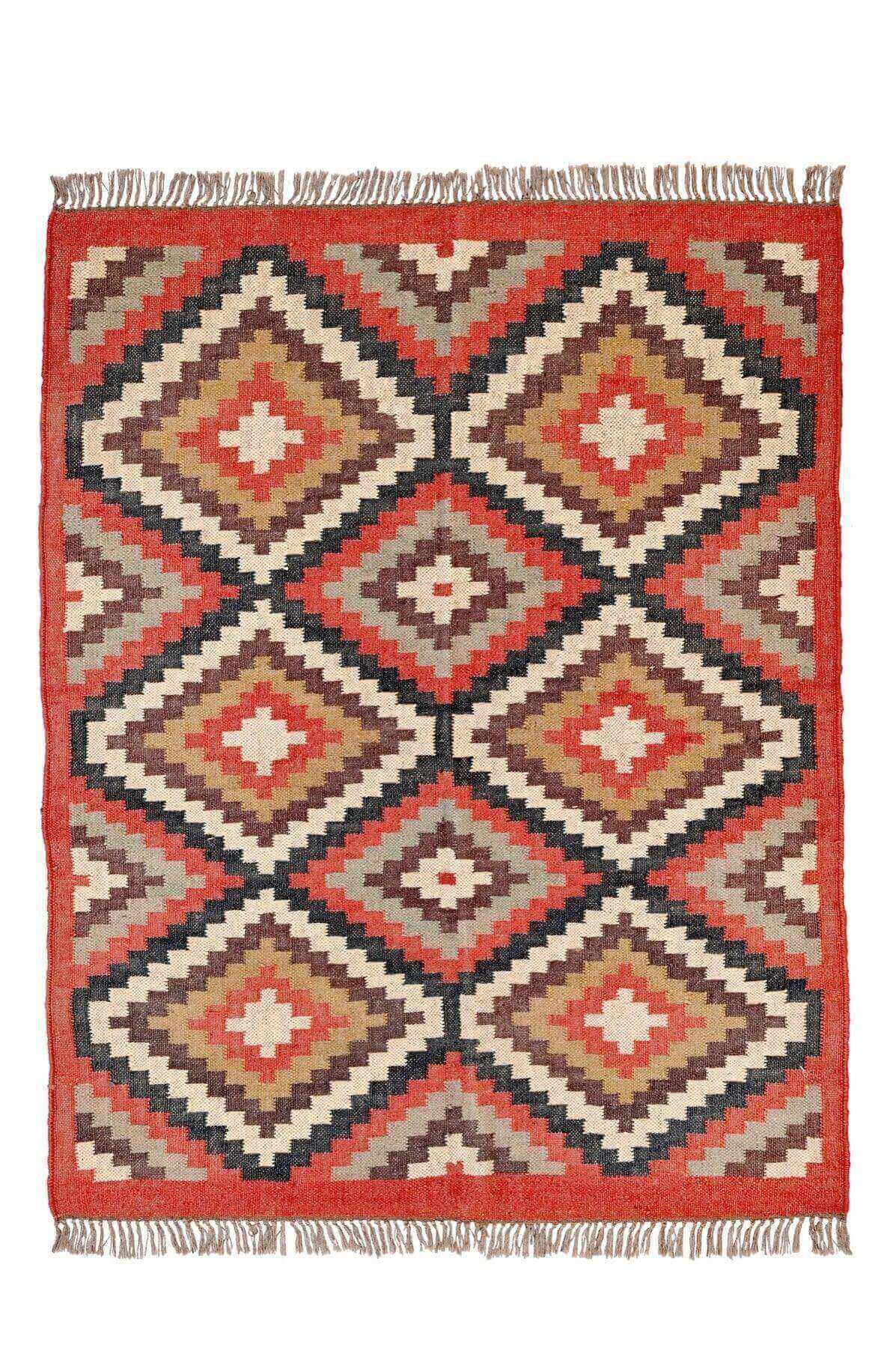 Alfombra Kilim mediana, diseño étnico, clásico, tradicional, tonos tierra,  multicolor- hecha a mano de Lana y Yute - 120x150