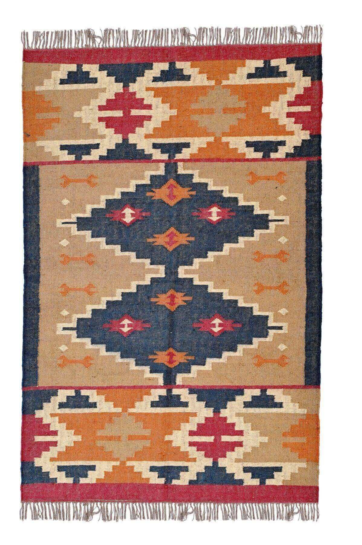 Alfombra Kilim Mediana, diseño étnico, tradicional, azul, multicolor tejida a mano de Lana y Yute - 120x180 cm -