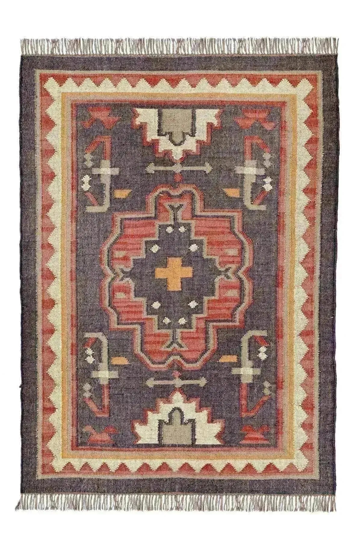 Alfombra Kilim Grande, diseño étnico, tradicional, multicolor tejida a mano de Lana y Yute - 120x180 cm - Origen India