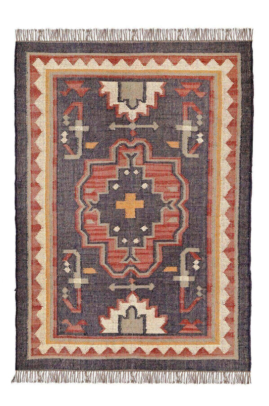 Alfombra Kilim Grande, diseño étnico, tradicional, multicolor tejida a mano de Lana y Yute - 120x180 cm - Origen India