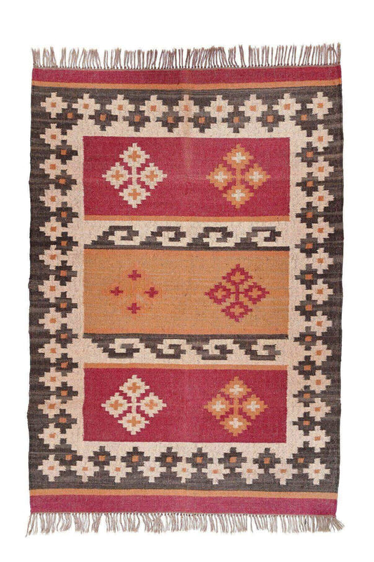 Alfombra Kilim mediana, diseño étnico, multicolor- hecha a mano de Lana y Yute - 120x180 cm - Origen India -Tintes Naturales- Fibras Sostenibles