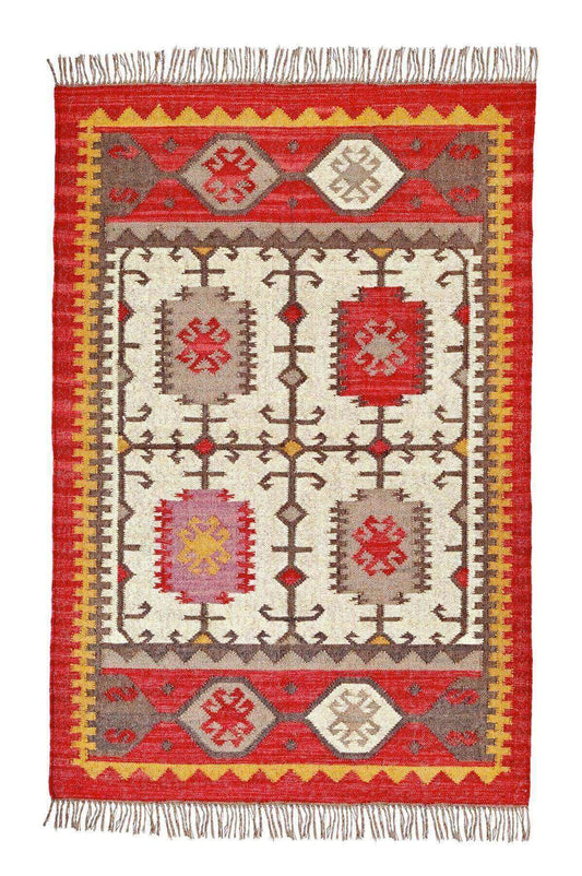 Alfombra Kilim Grande, diseño étnico, tradicional,  rojo y multicolor hecha a mano de Lana y Yute - 120x180