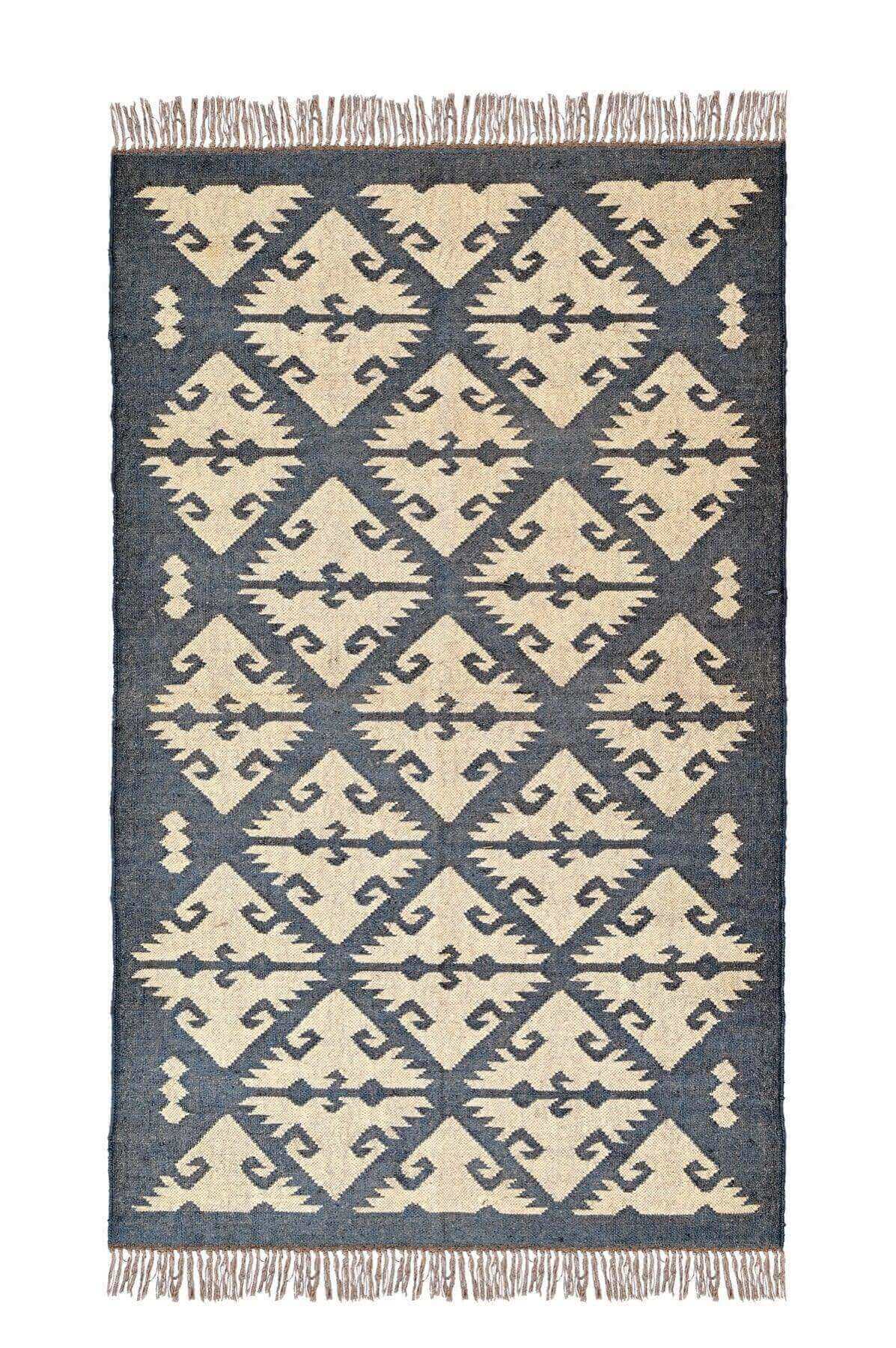 Alfombra Kilim Mediana, diseño étnico, tradicional, negro, natural-beige,  tejida a mano de Lana y Yute