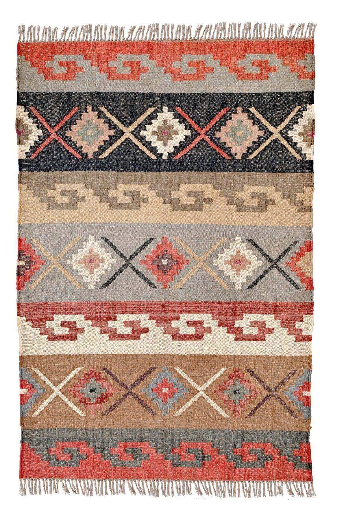 Alfombra Kilim Grande, diseño étnico, tradicional,  tejida a mano de Lana y Yute - 120x180 cm - Origen India