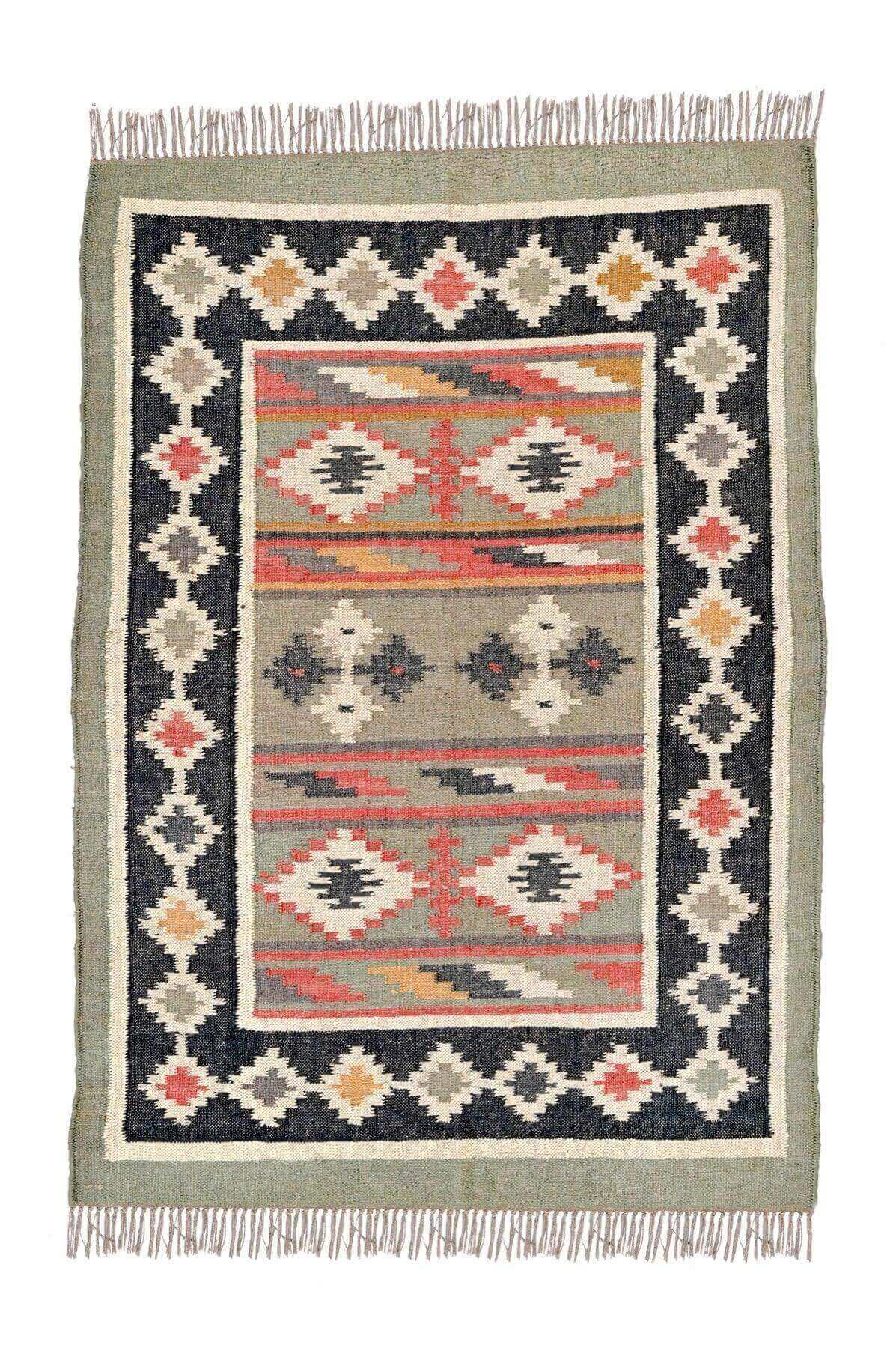 Alfombra Kilim Mediana, diseño étnico, tradicional, verde, multicolor tejida a mano de Lana y Yute - 120x180 cm