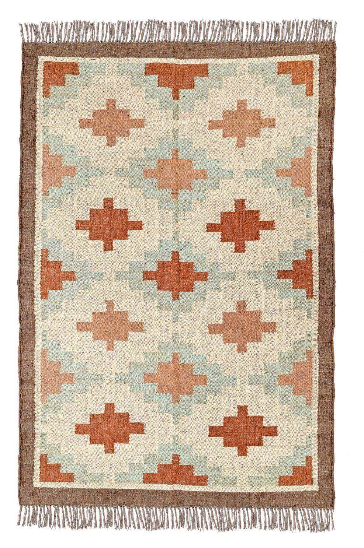 Alfombra Kilim Grande, diseño étnico, tradicional, tonos tierra, multicolor tejida a mano de Lana y Yute - 120x180 cm