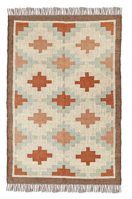 Alfombra Kilim Grande, diseño étnico, tradicional, tonos tierra, multicolor tejida a mano de Lana y Yute - 120x180 cm