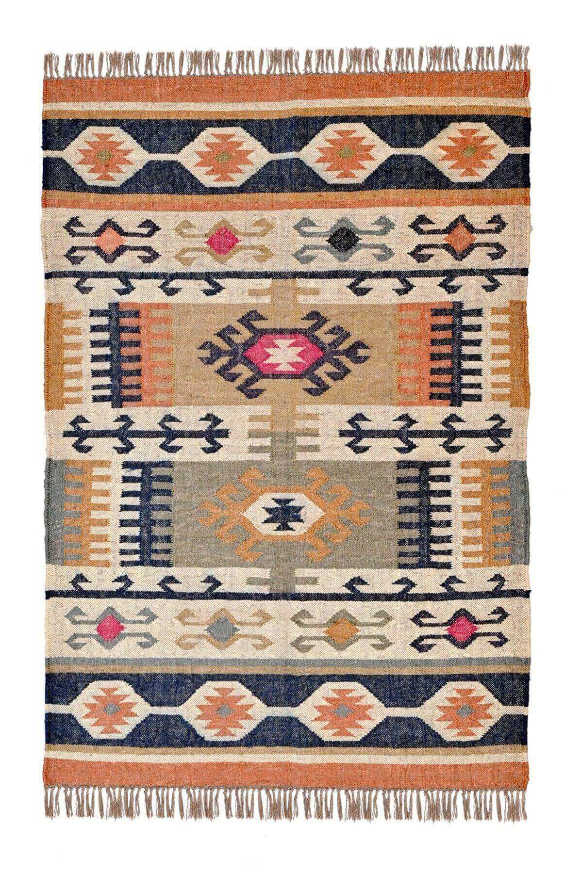 Alfombra Kilim Mediana, diseño étnico, tradicional, multicolor,  tejida a mano de Lana y Yute - 120x180 cm - Origen India