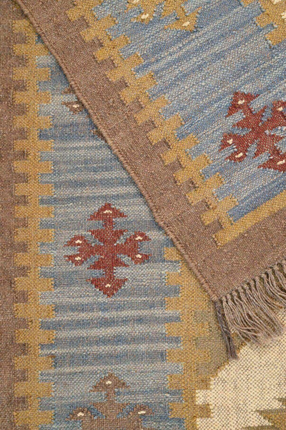 alfombra kilim azul, lana y yute, alfombras y kilims, hechos a mano, India, Azul y natural