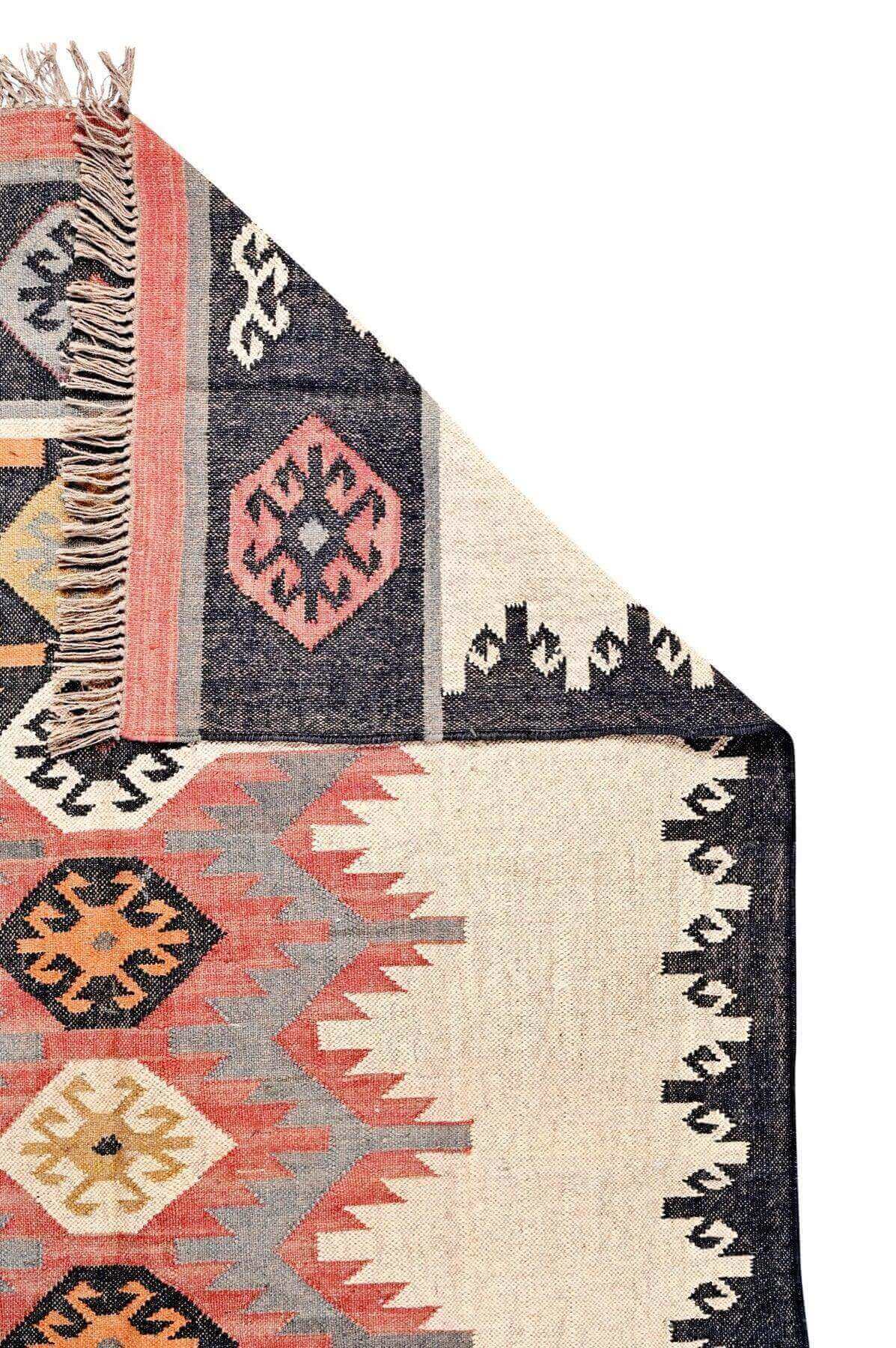 Alfombra Kilim Grande, diseño étnico, moderno, tradicional, multicolor- hecha a mano de Lana y Yute - 150x240 cm