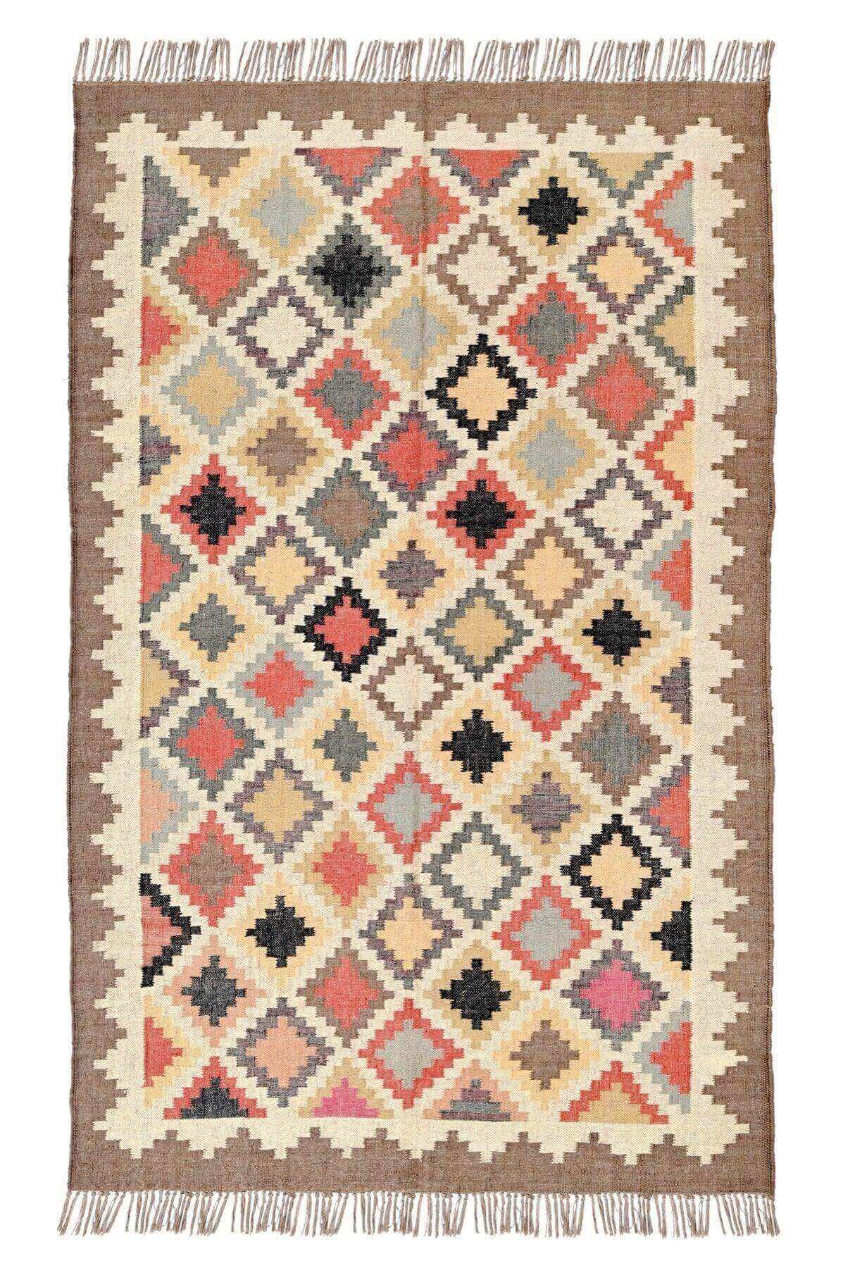 Alfombra Kilim Grande, diseño étnico, moderno, Gris, verde, azul, multicolor- hecha a mano de Lana y Yute, 150x240 cm