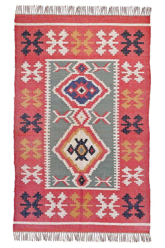 Alfombra Kilim Grande, diseño étnico, clásico, tradicional, rojo, blanco, azul, multicolor- hecha a mano de Lana y Yute -