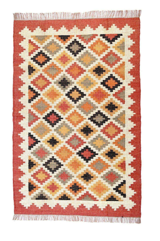 Alfombra Kilim Grande, diseño étnico,multicolor, hecha a mano de Lana y Yute - 180x270 cm - Origen India -Tintes Naturales- Fibras Sostenibles