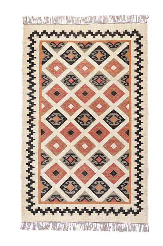 Alfombra Kilim Grande, diseño étnico,multicolor, hecha a mano de Lana y Yute - 180x270 cm - Origen India -Tintes Naturales- Fibras Sostenibles