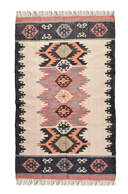 Alfombra Kilim Grande, diseño étnico, moderno, tradicional, multicolor- hecha a mano de Lana y Yute - 150x240 cm