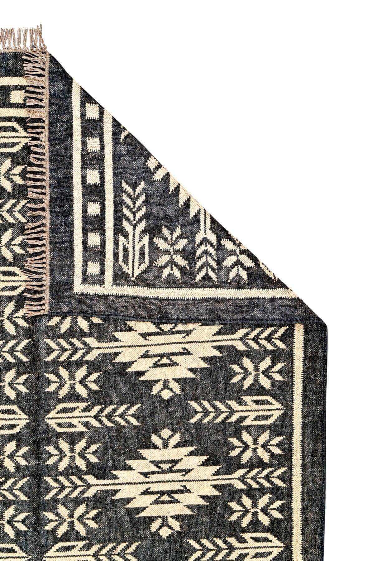 Alfombra Kilim Grande, diseño étnico, moderno, tradicional, Negro-Beige, multicolor- hecha a mano de Lana y Yute - 150x240