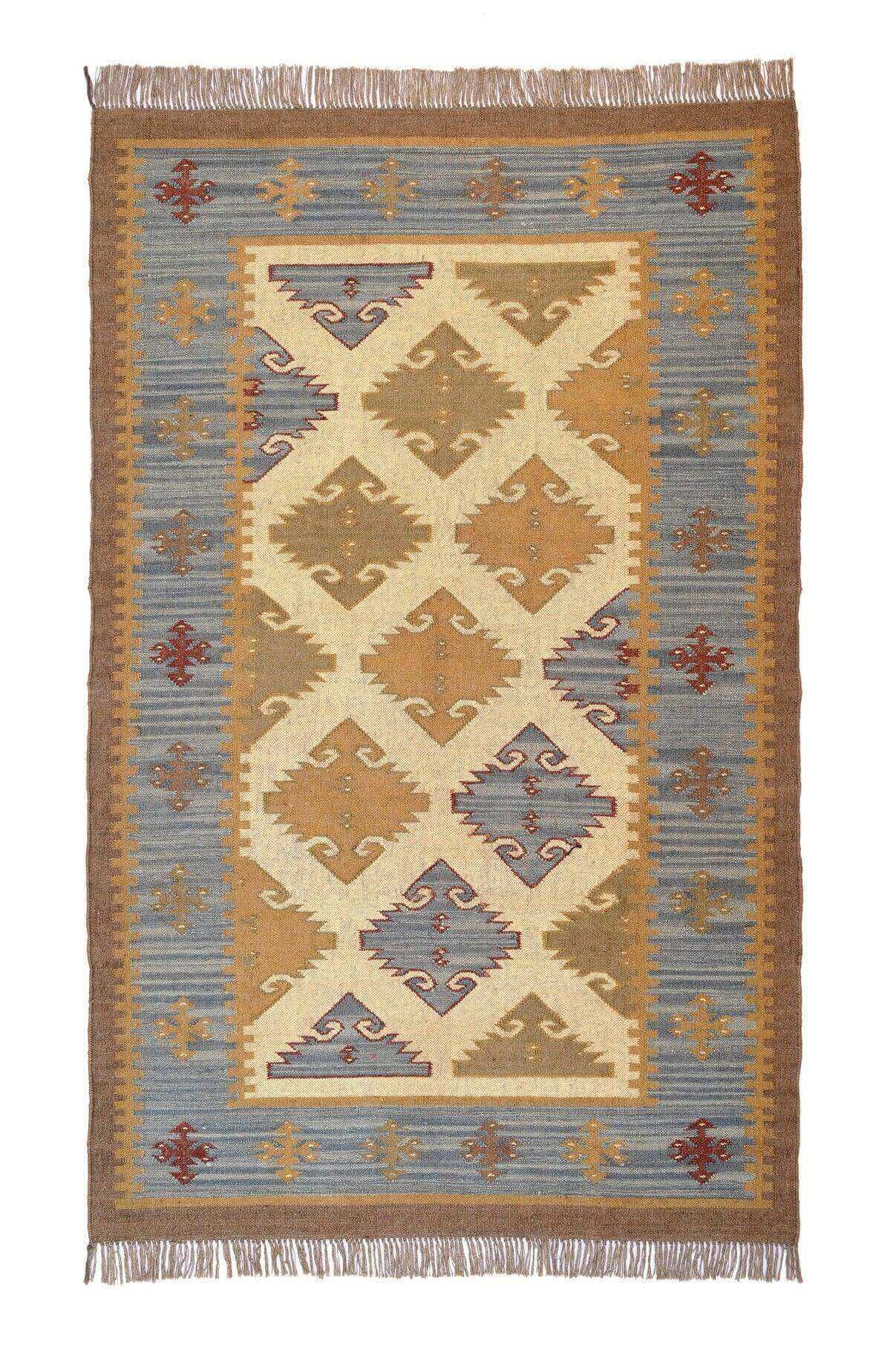 alfombra kilim azul, lana y yute, alfombras y kilims, hechos a mano, India, Azul y natural