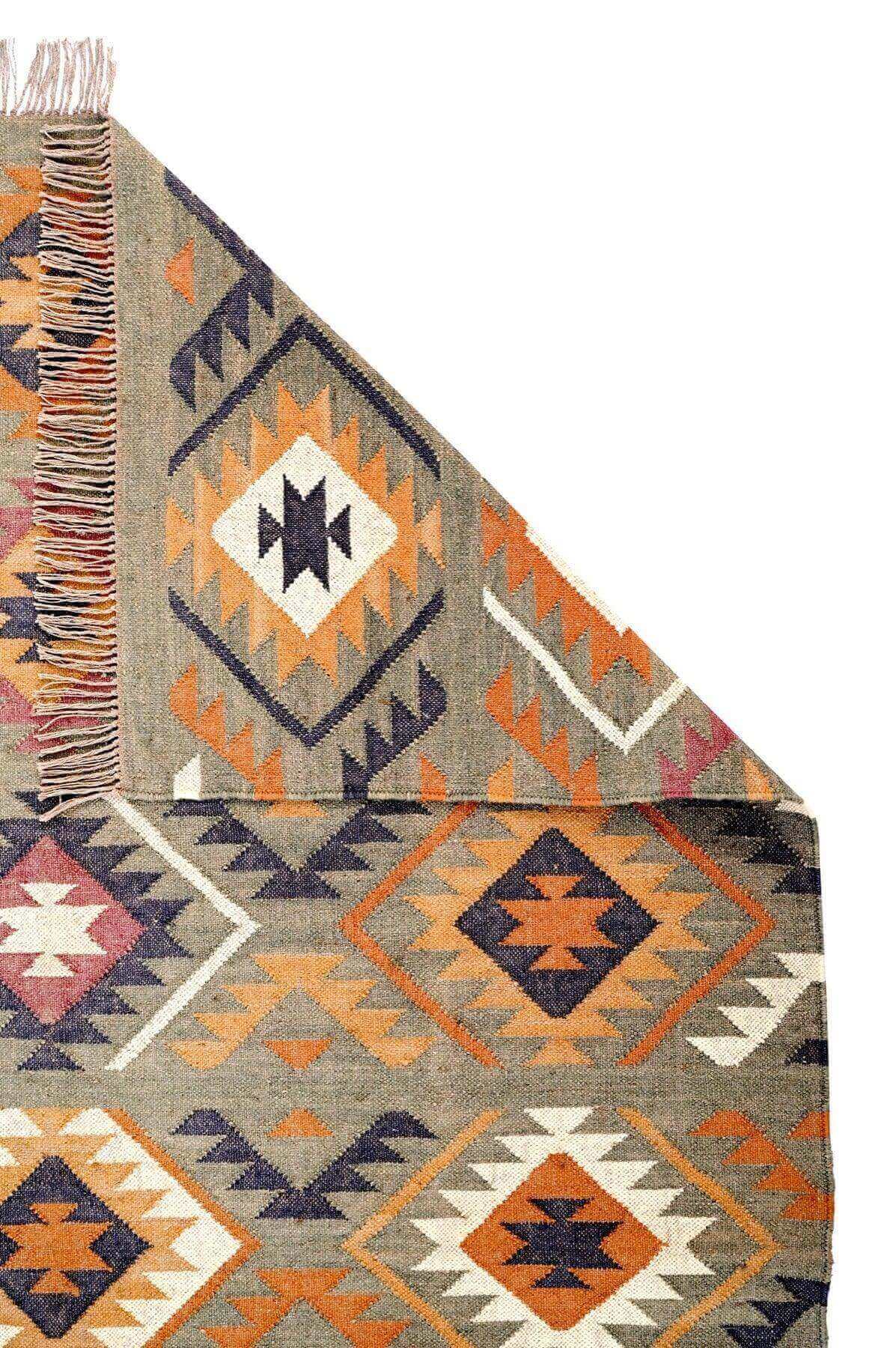 Alfombra Kilim Grande, diseño étnico,multicolor, hecha a mano de Lana y Yute - 180x270 cm - Origen India -Tintes Naturales- Fibras Sostenibles