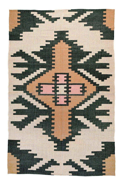 Alfombra Kilim Grande, diseño étnico, moderno, tradicional, hecha a mano de Lana y Yute - 180x270 cm - Origen India -Tintes Naturales- Fibras Sostenibles