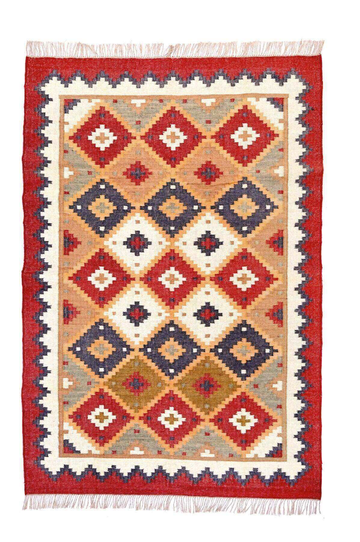 Alfombra Kilim Grande, diseño étnico,multicolor, hecha a mano de Lana y Yute - 180x270 cm - Origen India -Tintes Naturales- Fibras Sostenibles