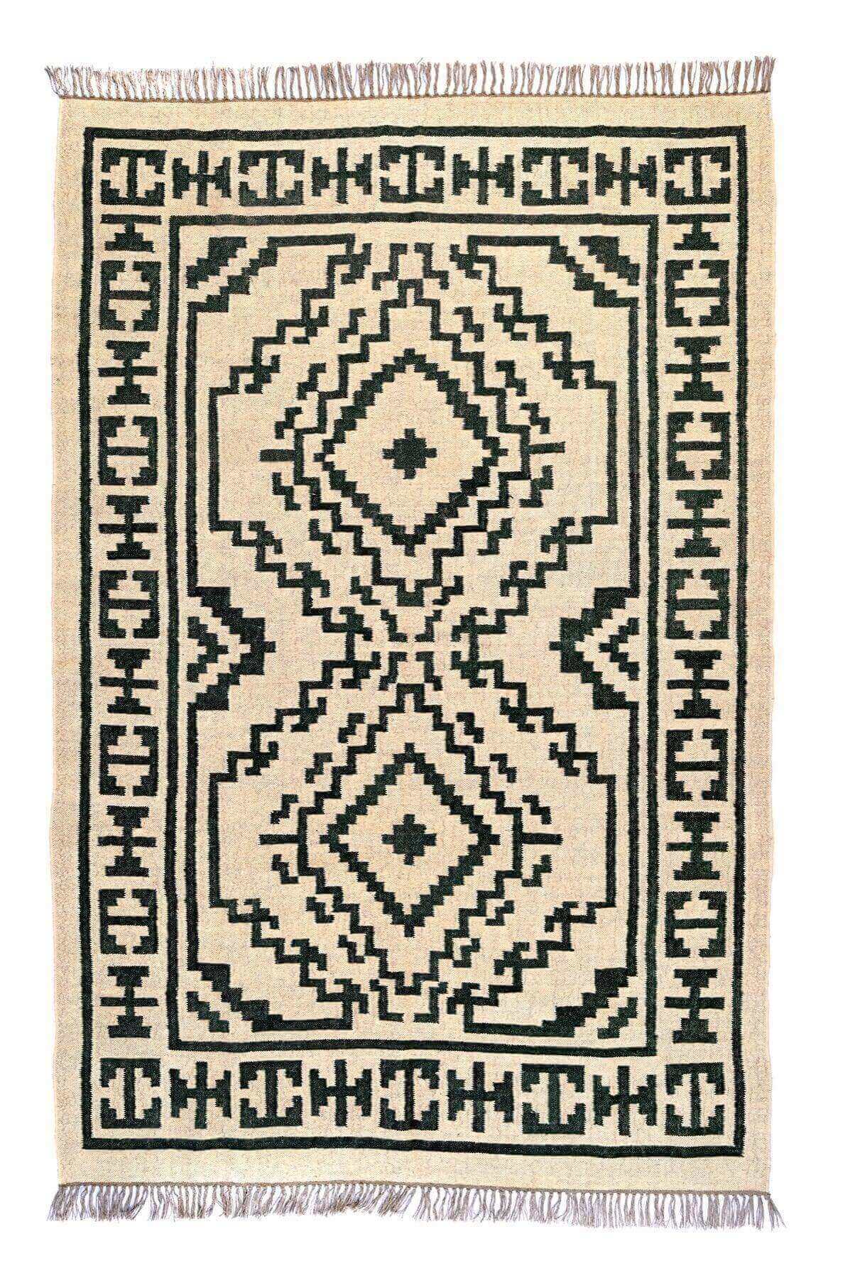 Alfombra Kilim Grande, diseño étnico, moderno, tradicional, hecha a mano de Lana y Yute - 180x270 cm - Origen India -Tintes Naturales- Fibras Sostenibles