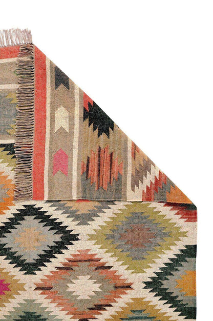 Alfombra Kilim Grande, diseño étnico, moderno, tradicional, hecha a mano de Lana y Yute - 180x270 cm - Origen India -Tintes Naturales- Fibras Sostenibles