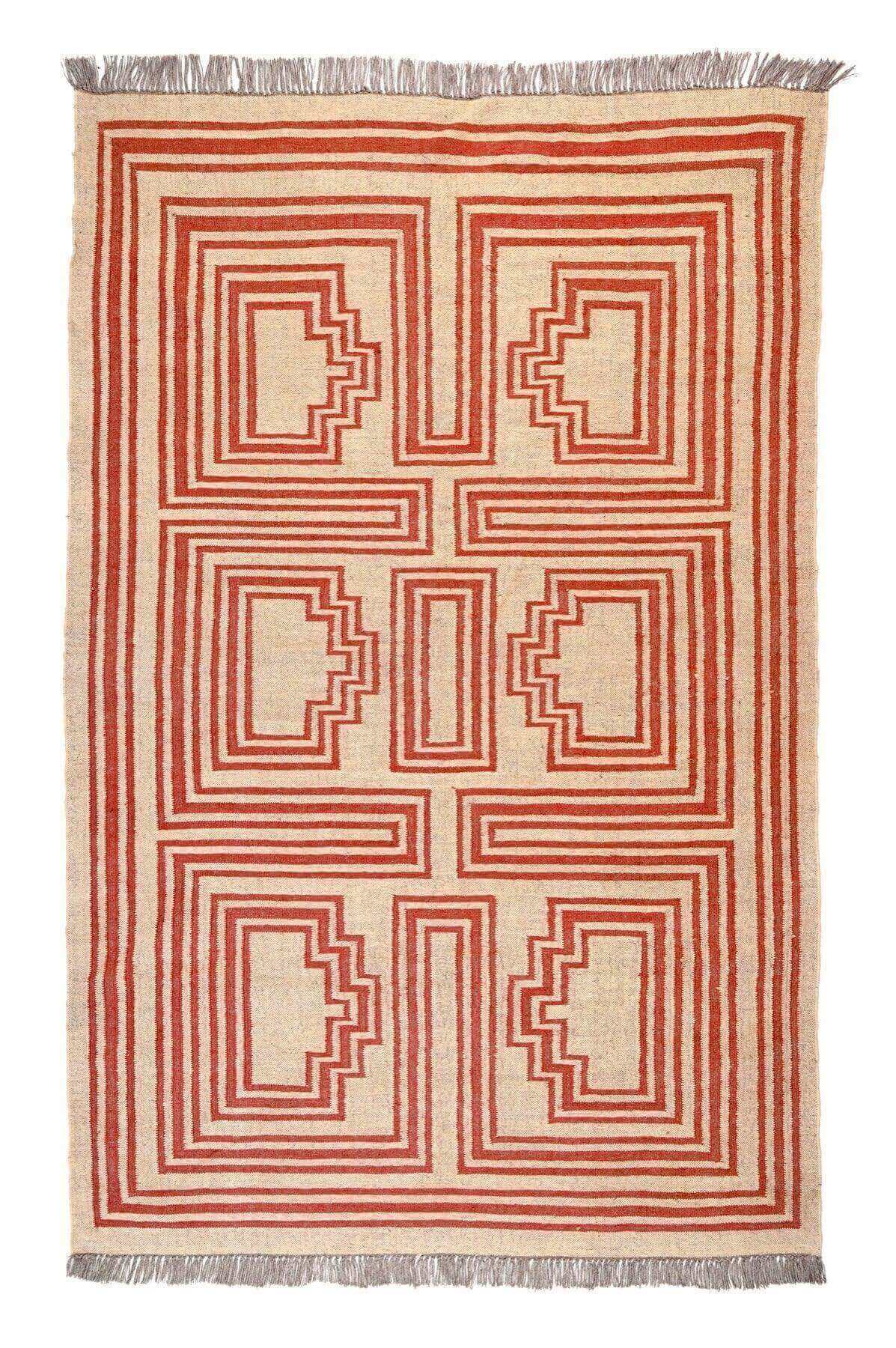 Alfombra Kilim Grande, diseño étnico, moderno, tradicional, hecha a mano de Lana y Yute - 180x270 cm - Origen India -Tintes Naturales- Fibras Sostenibles