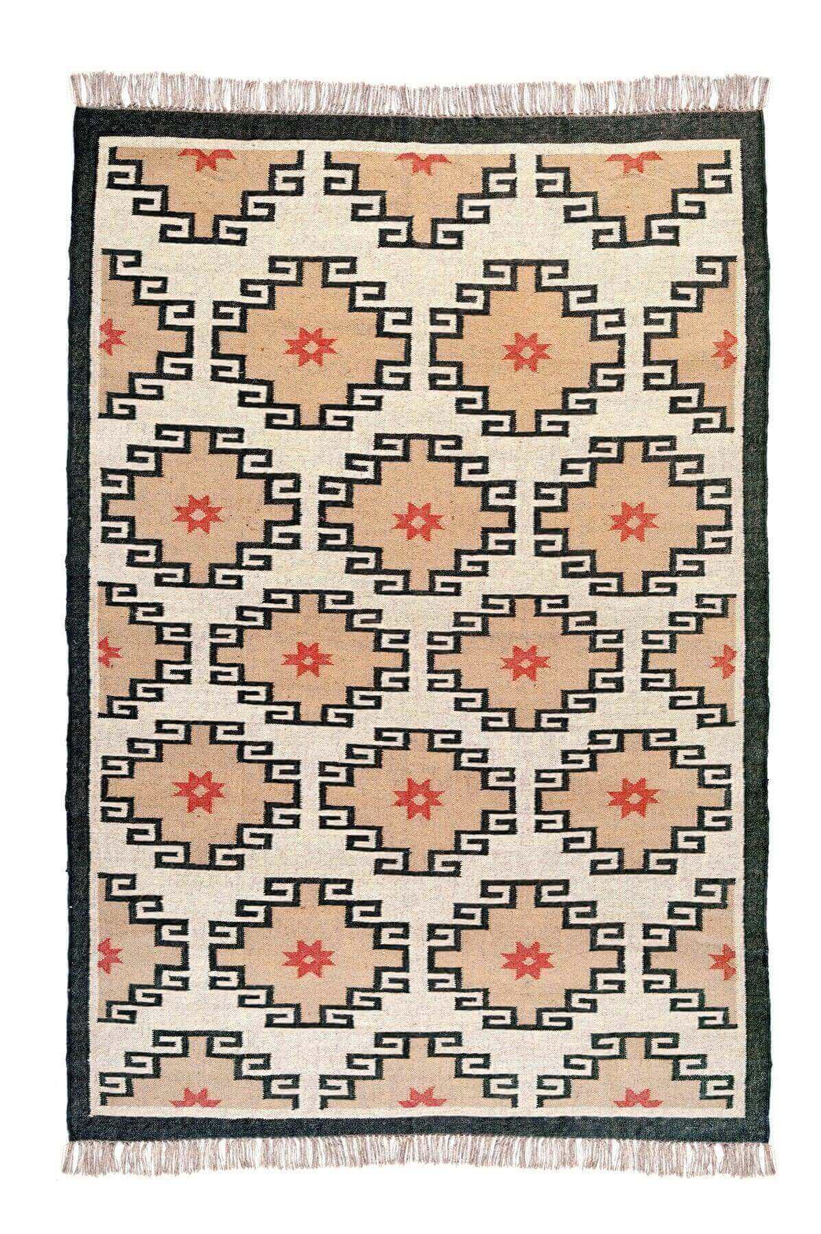 Alfombra Kilim Grande, diseño étnico, moderno, tradicional, hecha a mano de Lana y Yute - 180x270 cm - Origen India -Tintes Naturales- Fibras Sostenibles