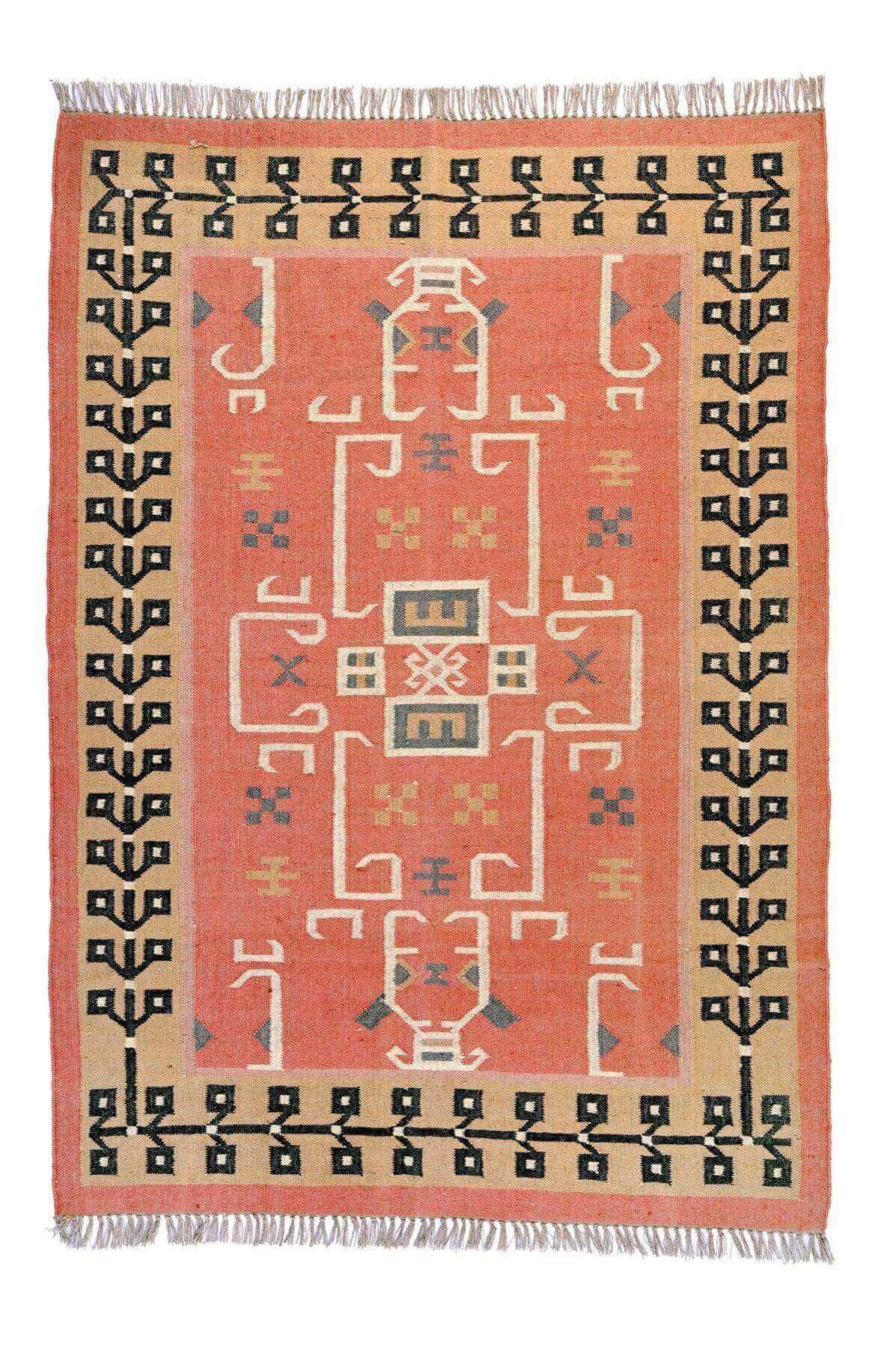 Alfombra Kilim Grande, diseño étnico, moderno, tradicional, hecha a mano de Lana y Yute - 180x270 cm - Origen India -Tintes Naturales- Fibras Sostenibles