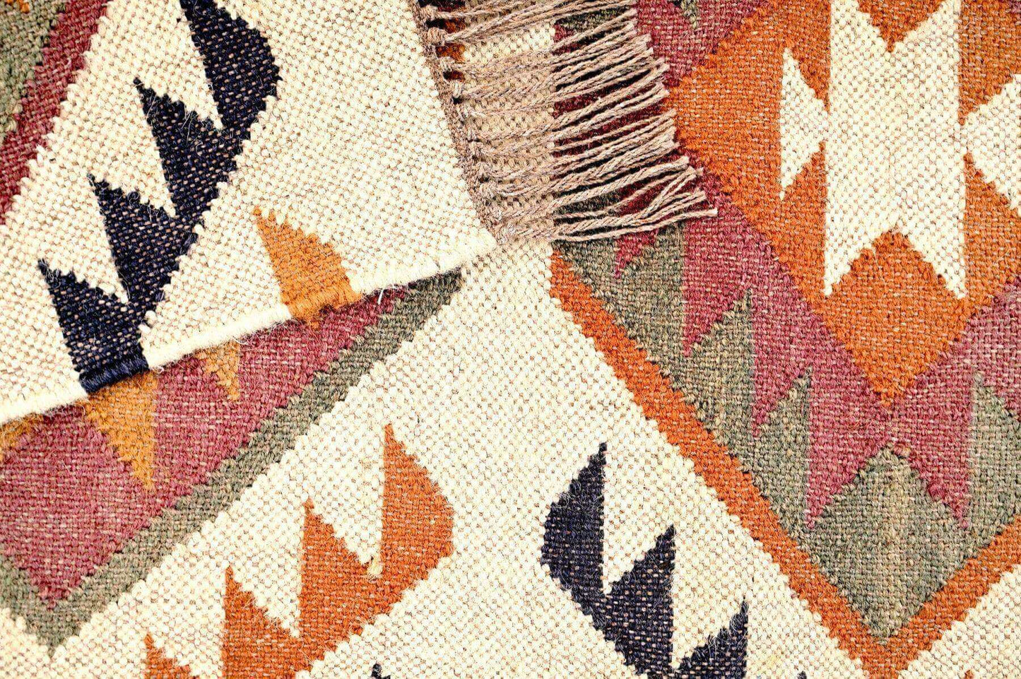 Alfombra Kilim Grande, diseño étnico,multicolor, hecha a mano de Lana y Yute - 180x270 cm - Origen India -Tintes Naturales- Fibras Sostenibles