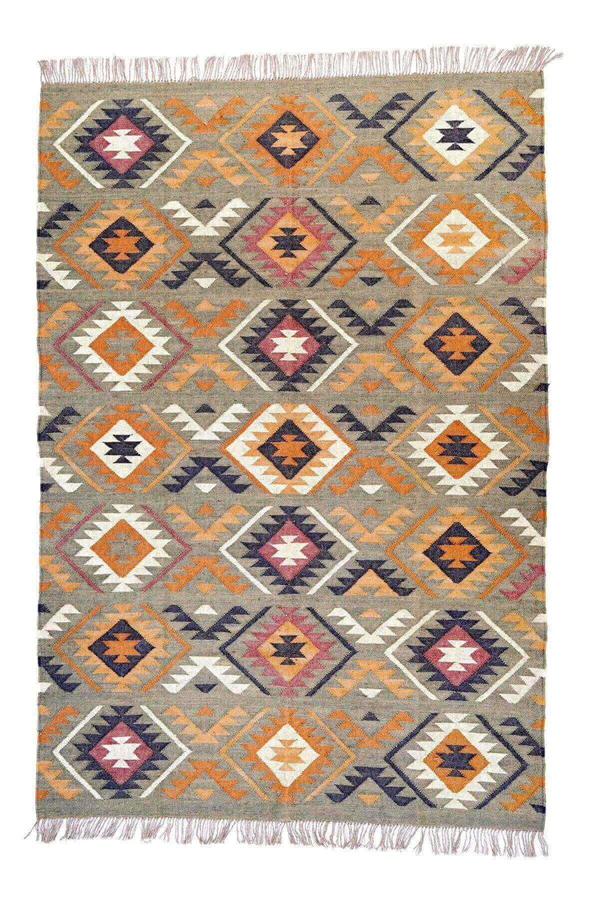 Alfombra Kilim Grande, diseño étnico,multicolor, hecha a mano de Lana y Yute - 180x270 cm - Origen India -Tintes Naturales- Fibras Sostenibles