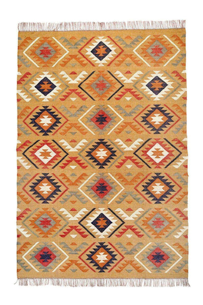 Alfombra Kilim Grande, diseño étnico,multicolor, hecha a mano de Lana y Yute - 180x270 cm - Origen India -Tintes Naturales- Fibras Sostenibles