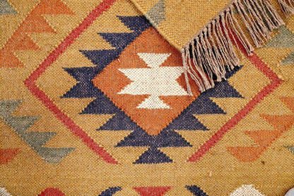 Alfombra Kilim Grande, diseño étnico,multicolor, hecha a mano de Lana y Yute - 180x270 cm - Origen India -Tintes Naturales- Fibras Sostenibles