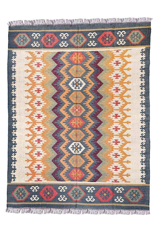 Alfombra Kilim Grande, diseño étnico, moderno, multicolor, tradicional,  Natural, hecha a mano de Lana y Yute - 240x300