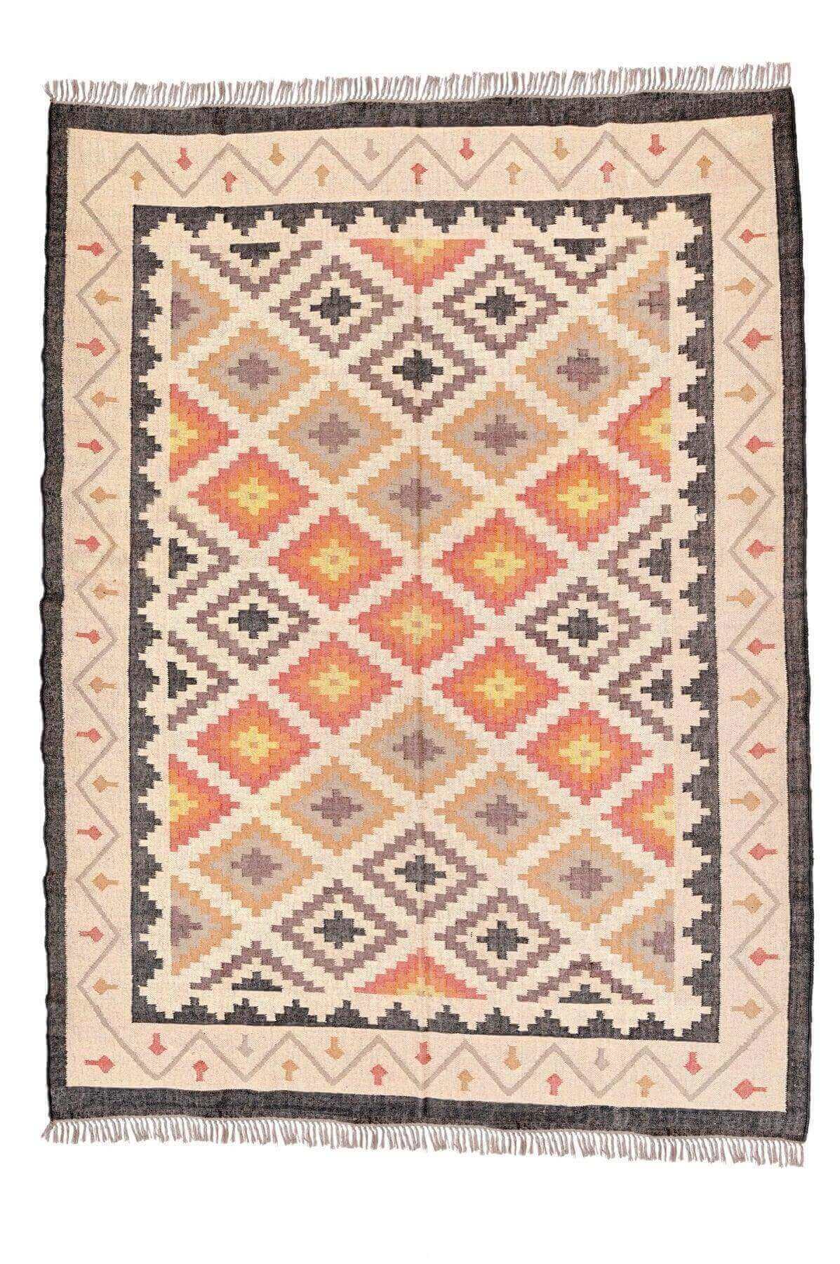 Alfombra Salon Kilim Grande, diseño étnico, moderno, tradicional, hecha a mano de Lana y Yute - 240x300