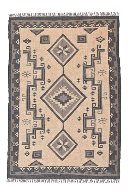 Alfombra Kilim Grande,  negro y beige (natural) , étnico, moderno, tradicional, hecha a mano de Lana y Yute - 240x300