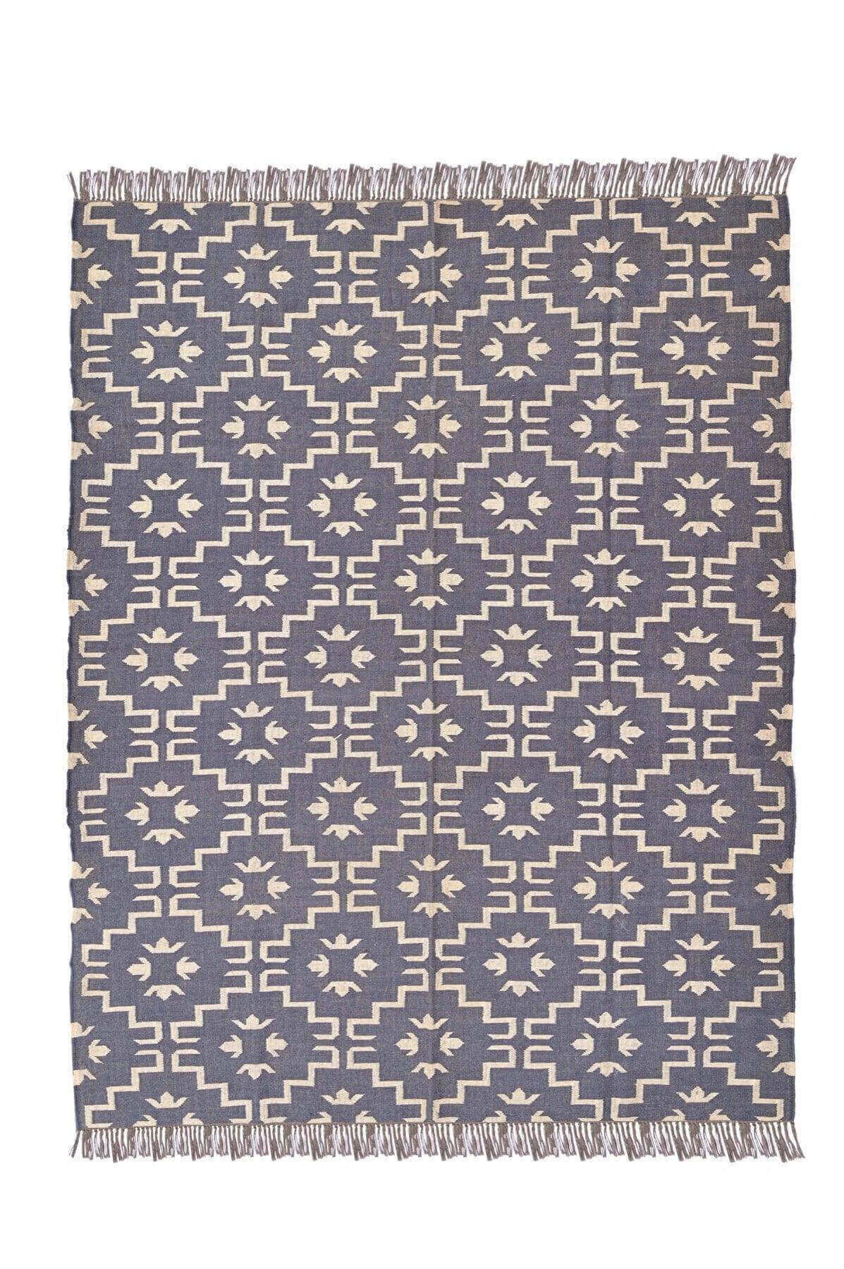 Alfombra Kilim Grande, étnico, moderno, tradicional, Azul, hecha a mano de Lana y Yute - 240x300 cm - Alfombra de salon