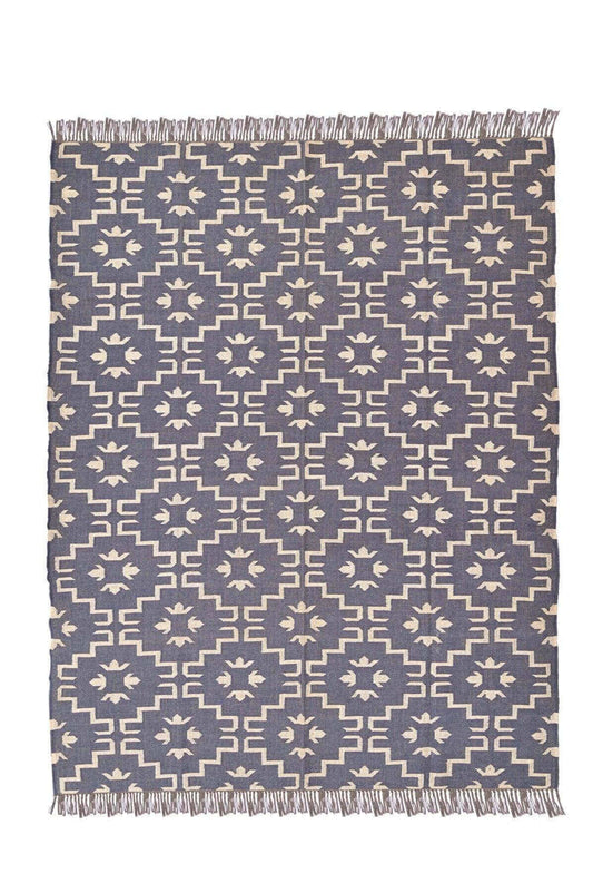 Alfombra Kilim Grande, étnico, moderno, tradicional, Azul, hecha a mano de Lana y Yute - 240x300 cm - Alfombra de salon