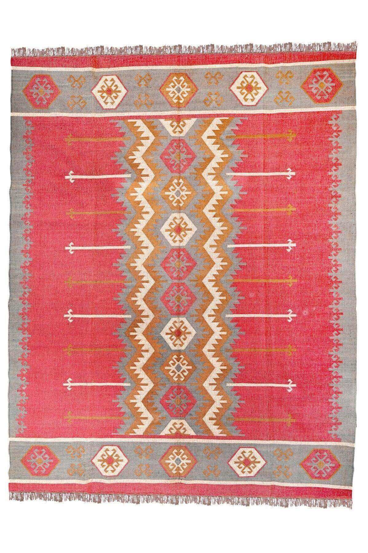 Alfombra Kilim Grande, diseño étnico, moderno, tradicional, Rojo y Multicolor, hecha a mano de Lana y Yute - 270x360cm