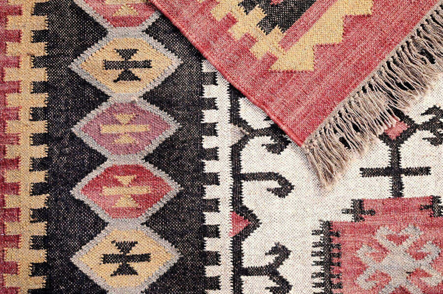 Alfombra Kilim Grande, diseño étnico,multicolor, hecha a mano de Lana y Yute - 180x270 cm - Origen India -Tintes Naturales- Fibras Sostenibles