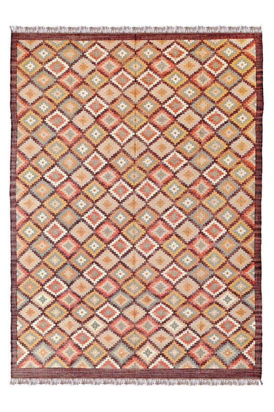 Alfombra Kilim Grande, diseño étnico, clásico, tradicional, Multicolor, hecha a mano de Lana y Yute - 270x360