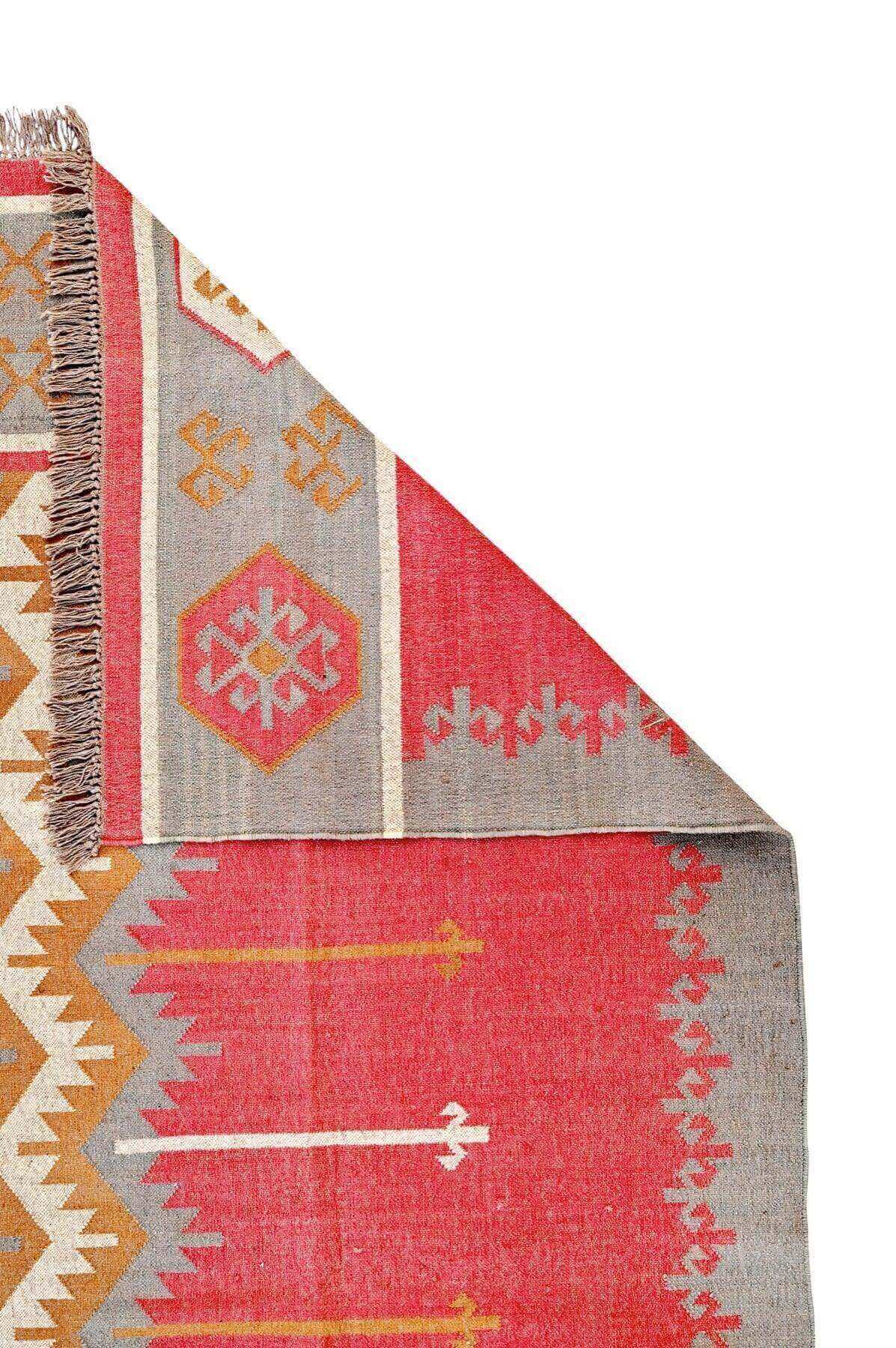 Alfombra Kilim Grande, diseño étnico, moderno, tradicional, Rojo y Multicolor, hecha a mano de Lana y Yute - 270x360cm