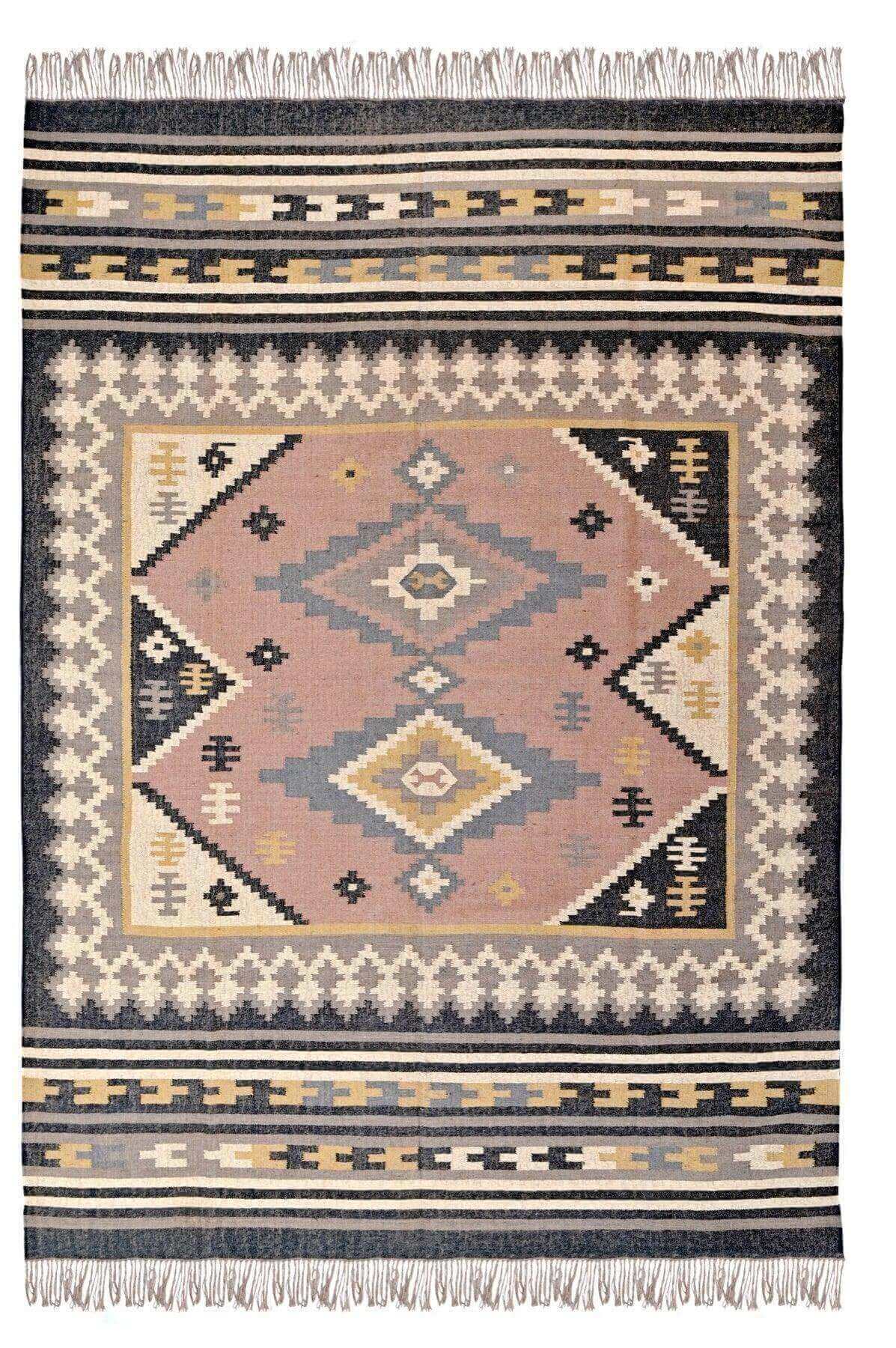 Alfombra Kilim Grande, diseño étnico, clásico, tradicional, Multicolor, hecha a mano de Lana y Yute - 270x360cm