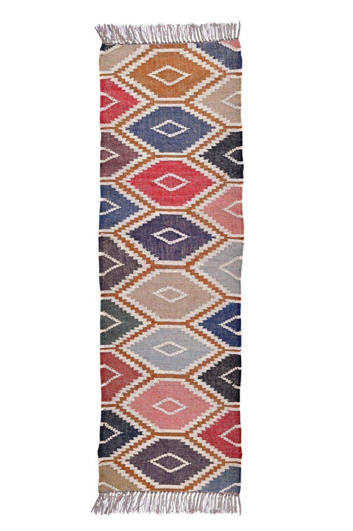 alfombra kilim pasillo 180, multicolor, de lana y yute, patrones geometricos, azul, rojo, negro,verde, rosa