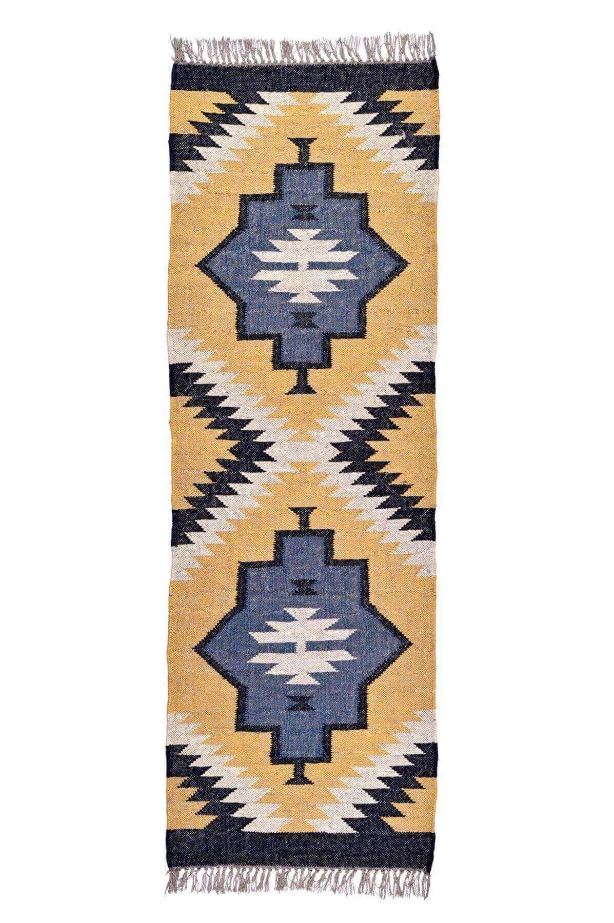 alfombra kilim etnica, de pasillo, de lana y yute, multicolor, motivos etnicos y geometricos, color azul,amarillo,blanco