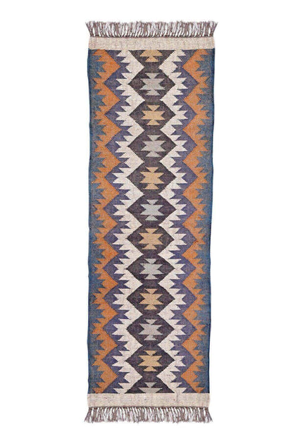 alfombra kilim etnica, de pasillo, de lana y yute, multicolor, motivos etnicos y geométricos, color azul, naranja, blanco