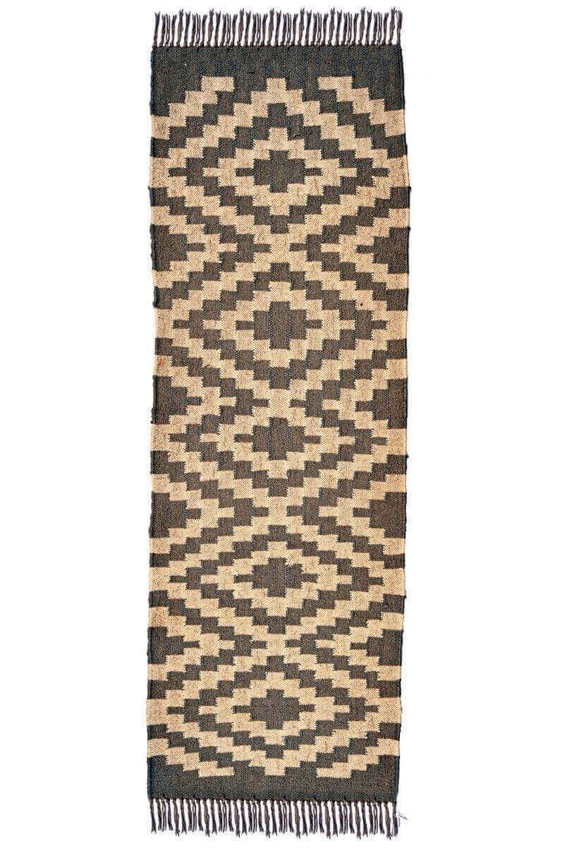 alfombra kilim, de lana y yute,  pasillo, beige, negra, étnico,  geométrica,  reversible, artesanal, moderno,India.