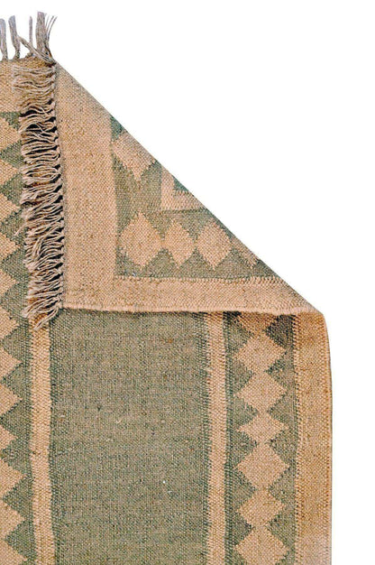 alfombra kilim, de lana y yute,  pasillo, verde, beige, natural, étnico,  geométrica,  reversible, artesanal, moderno,India.