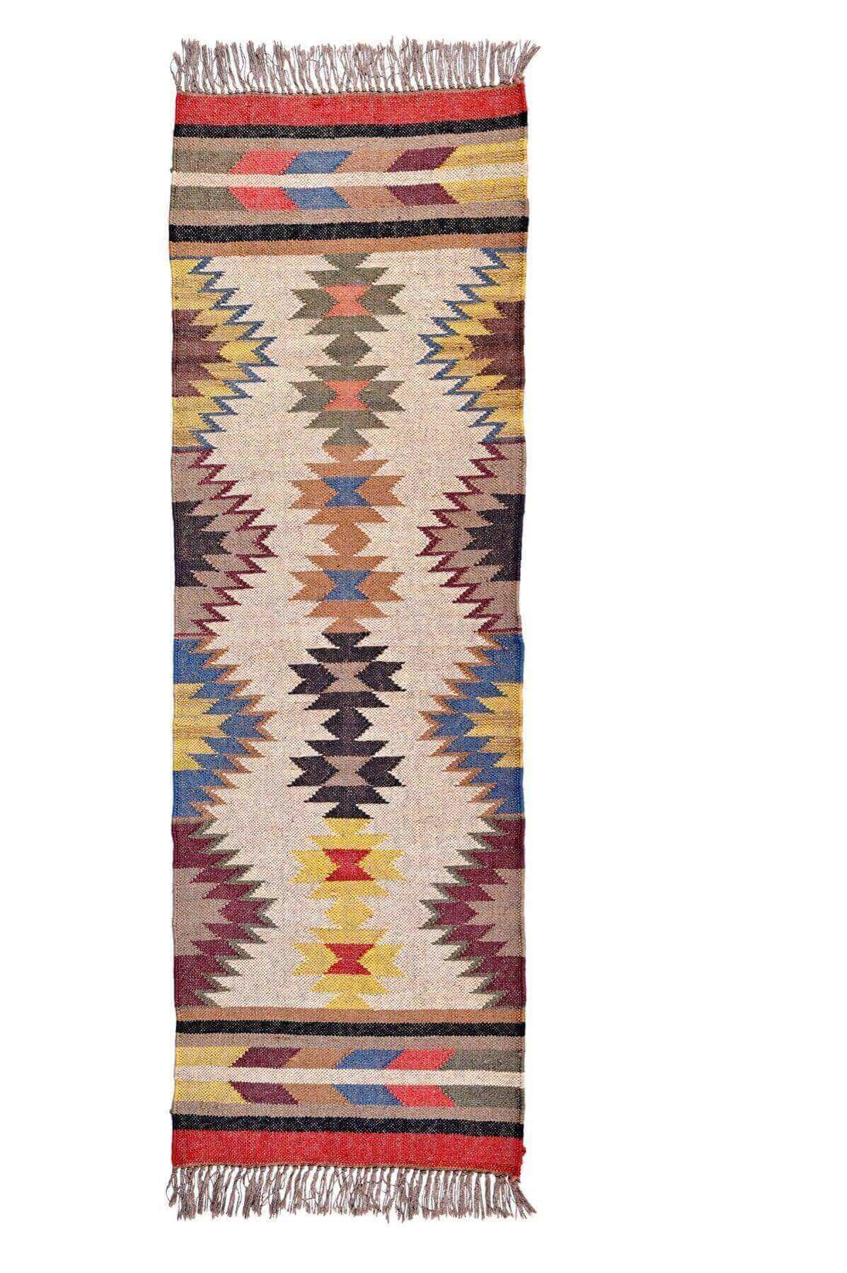 alfombra kilim de pasillo, de lana y yute, multicolor, motivos étnicos y geométricos, Kilim azul, naranja, amarillo, marrón.