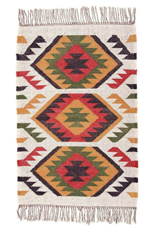 Alfombra Kilim Pequeña Étnica Hecha a Mano de Lana y Yute - 60x90 cm - Multicolor y Reversible - Origen India